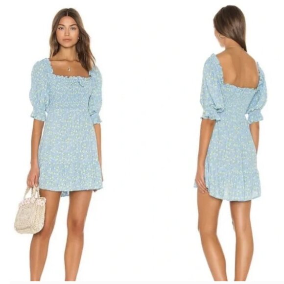 Faithfull The Brand Charlotte Mini Dress 6 Smocked Blue Ditsy Floral Puf… - Picture 3 of 14